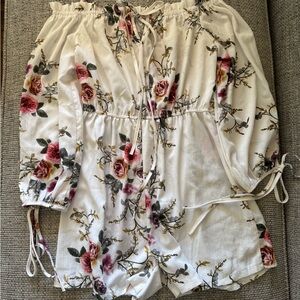 White Floral Off-Shoulder Romper with Tie Waist